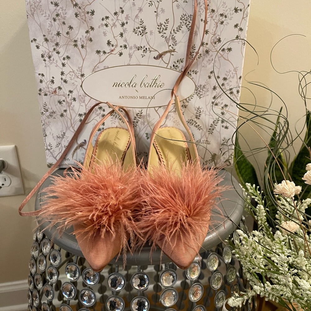 Antonio Melani x Nicola Bathie Claire Ostrich Feather Pom Ankle Wrap Satin pumps